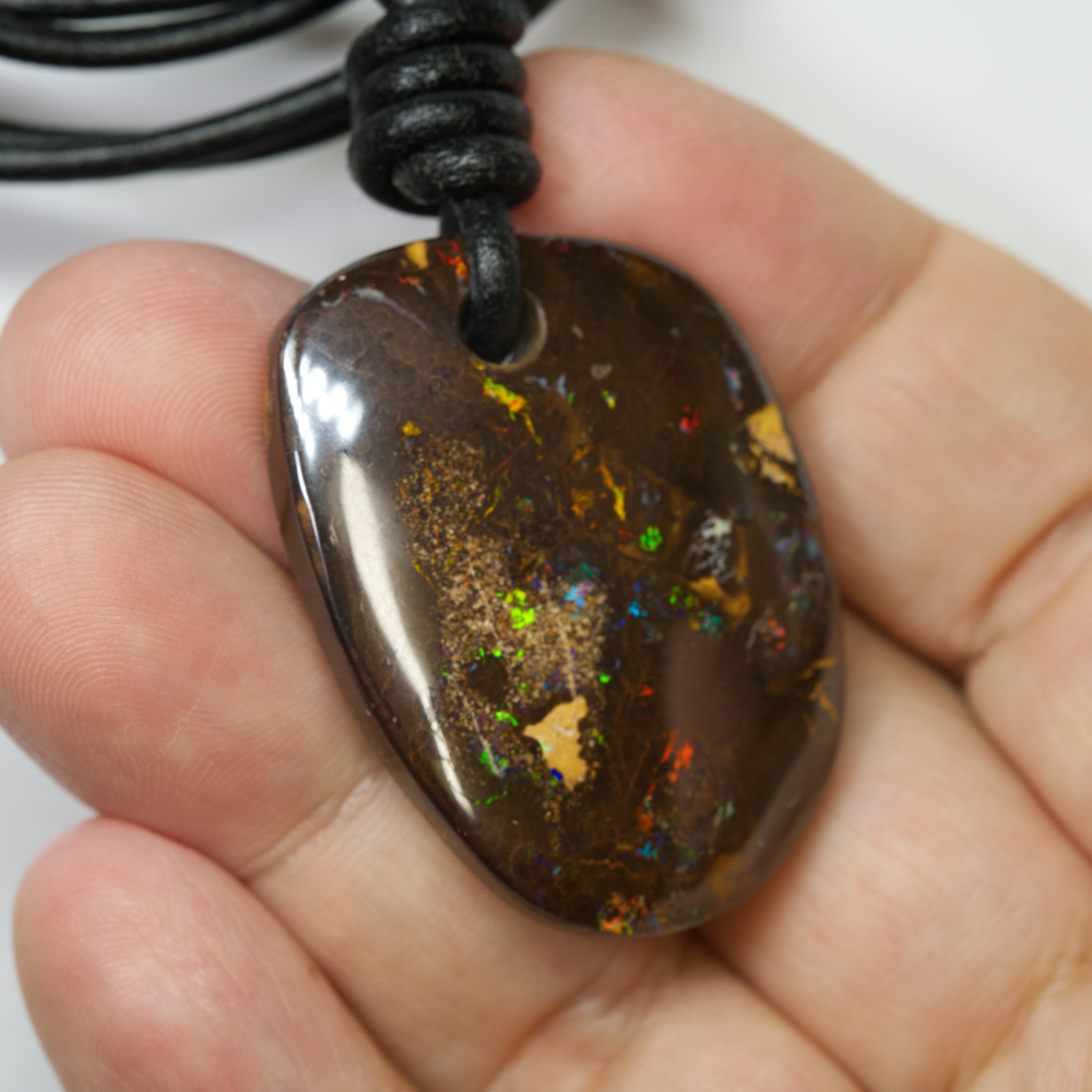Australian Opal Boulder Drilled Greek Leather Mounted Pendant Necklace