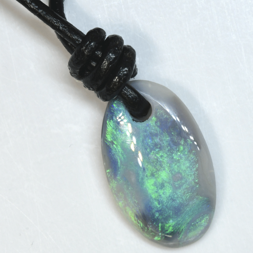 Australian Opal Drilled Greek Leather Mounted Pendant Necklace
