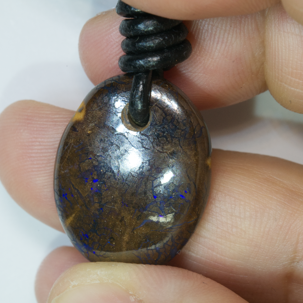  Australian Opal Boulder Drilled Greek Leather Mounted Pendant Necklace