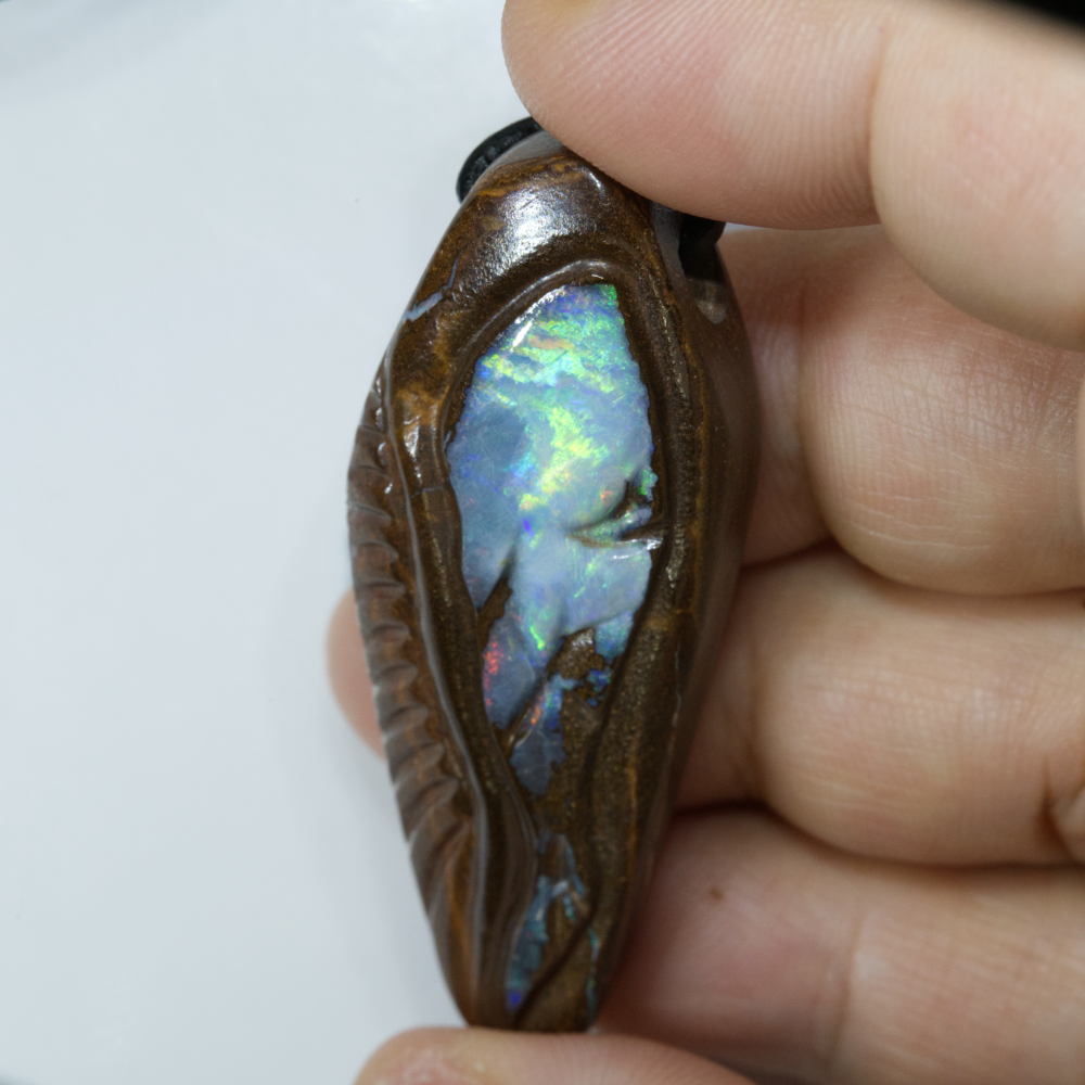  Australian Opal Boulder Drilled Greek Leather Mounted Pendant Necklace