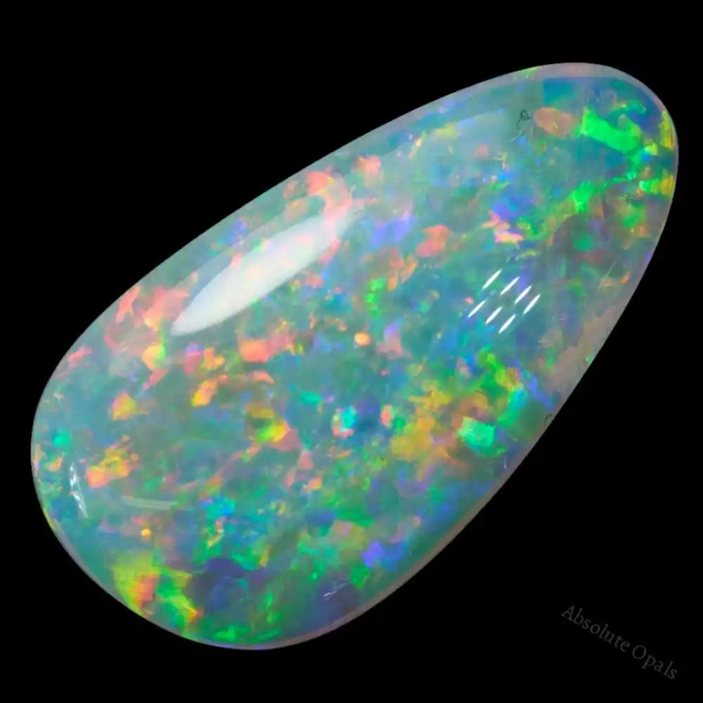 2.74 carat South Australian opal crystal stone featuring vibrant orange, yellow, and green hues in a teardrop cut.