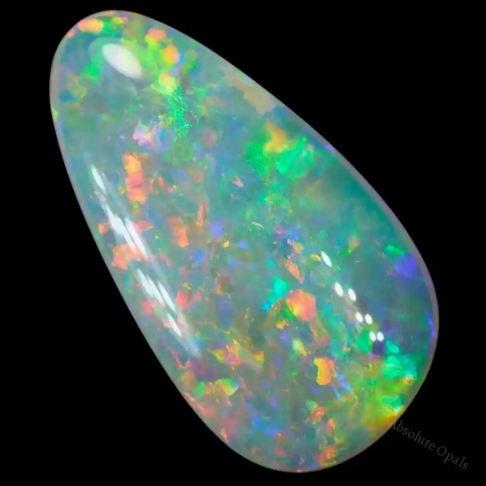 2.74 carat South Australian opal crystal stone featuring vibrant orange, yellow, and green hues in a teardrop cut.