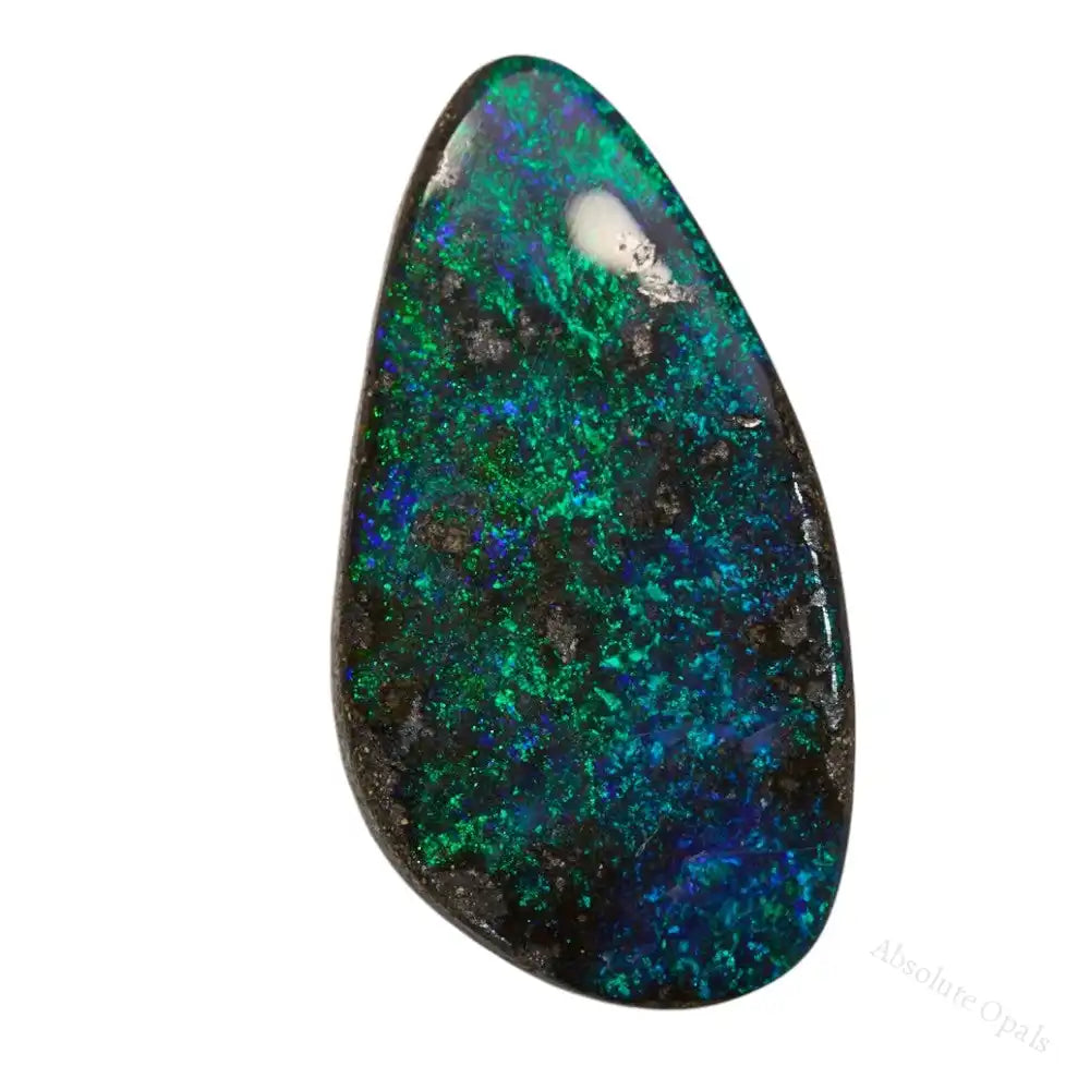 Boulder Opal cut stone displaying vibrant natural color play and intricate patterns in ironstone matrix, polished and ready for jewelry setting