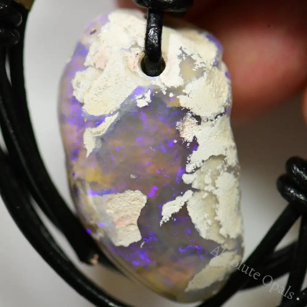 58 Cts Australian Opal Drilled Greek Leather Mounted Pendant Necklace Jewellery