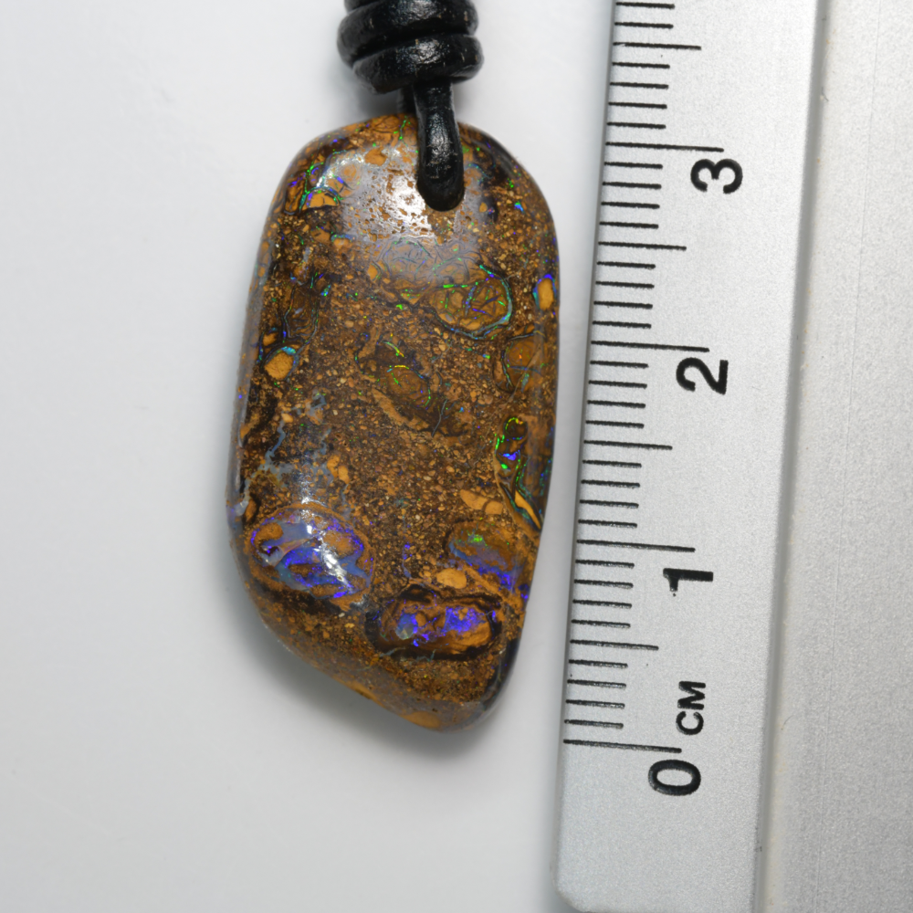 Australian Boulder Opal Drilled Leather Mounted Pendant Necklace