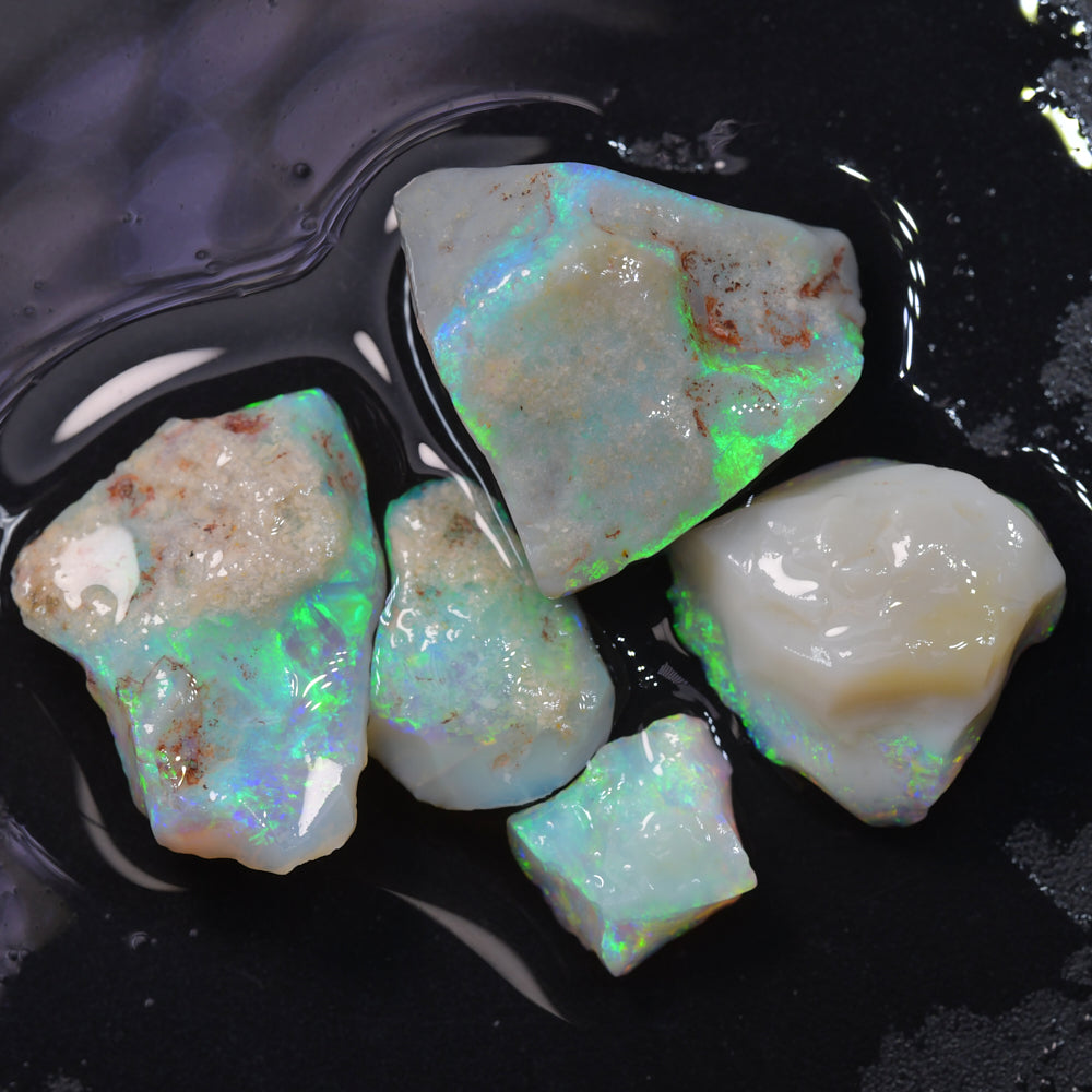Australian Lightning Ridge mine run rough opal parcel x5 featuring natural opal rough with potch and colour, suitable for cutting, polishing, lapidary work, and collecting
