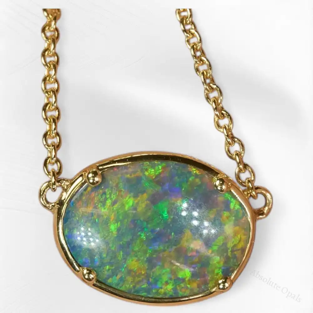 Genuine Lightning Ridge opal solid necklace set in 14K gold, 45 cm chain – Australian opal jewelry with vibrant color play