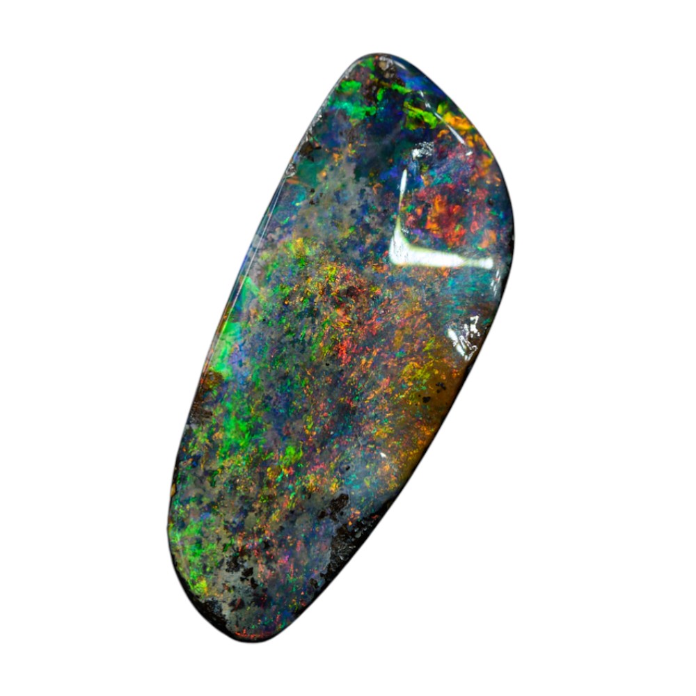 Boulder opal cut stone from Queensland Australia with natural ironstone backing and vibrant play of color