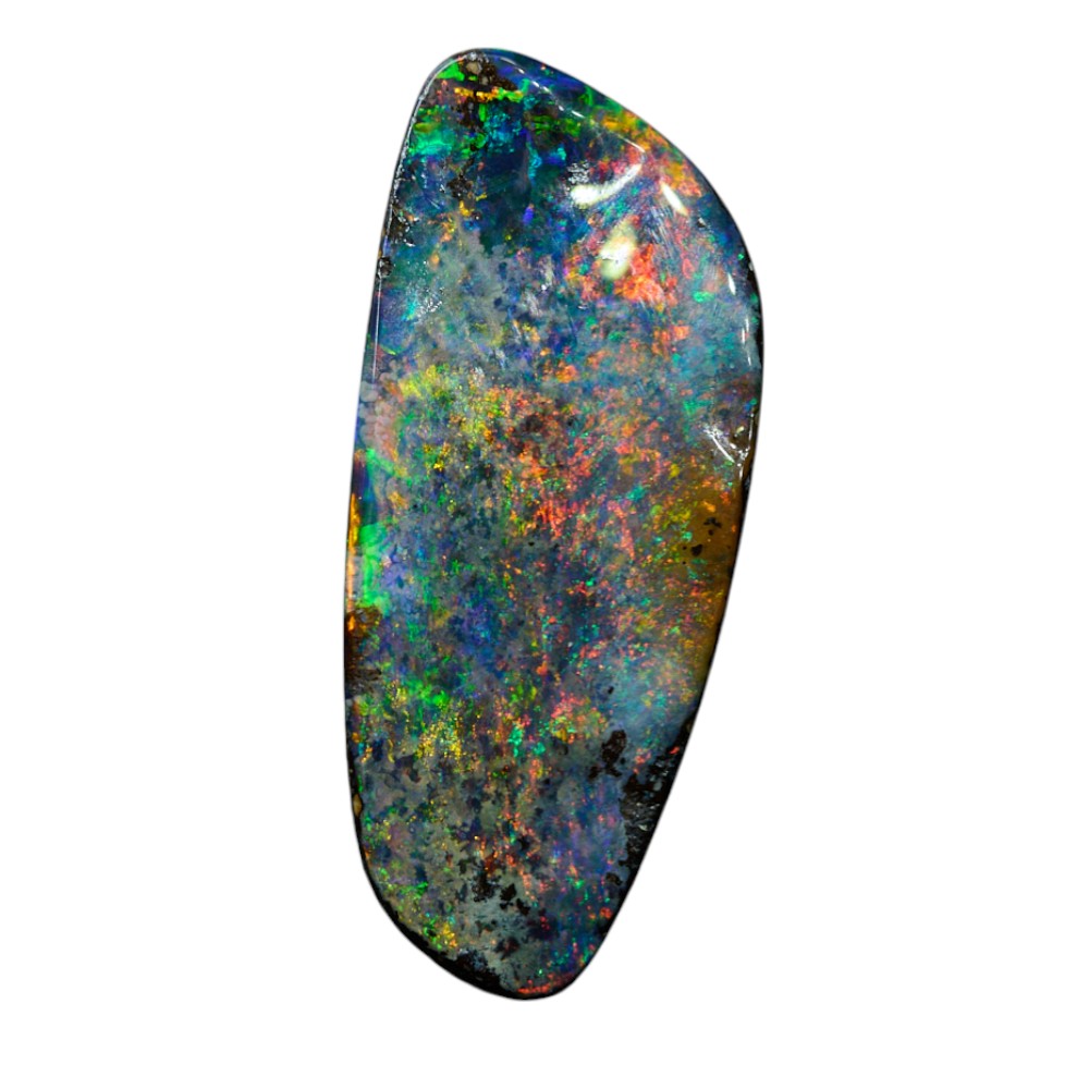 Loose boulder opal cut stone with natural ironstone matrix and bright blue green fire
