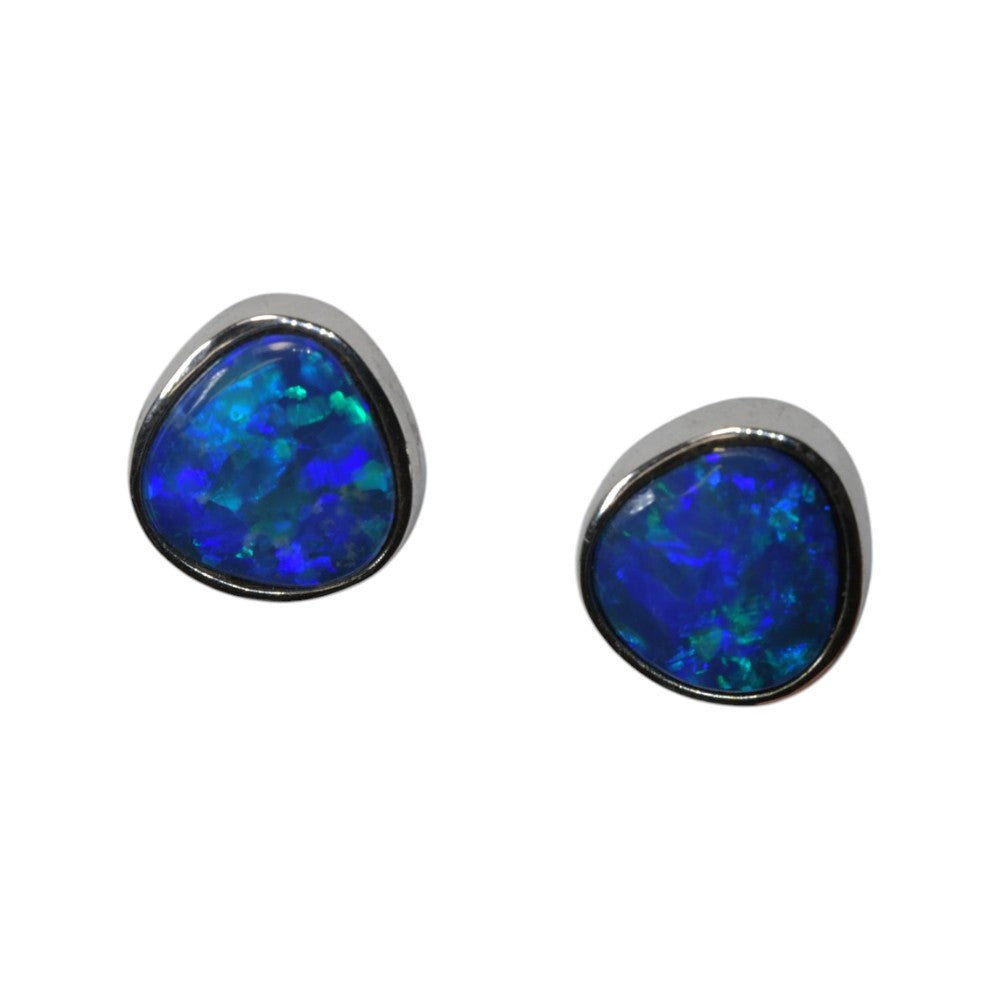 Doublet opal earrings set in 925 sterling silver, displaying deep dark blue flashes of natural colour in an elegant design
