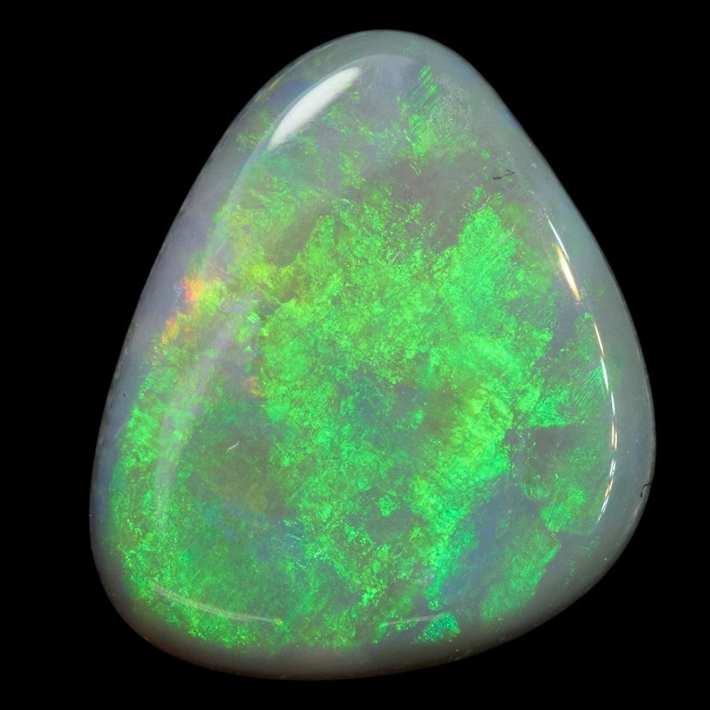 1.46 cts Dark Opal from Lightning Ridge, green triangular solid stone with low dome and vibrant color.