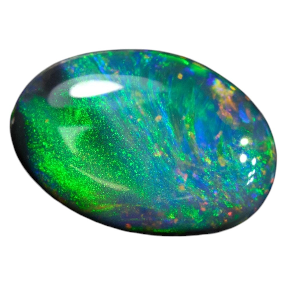 0.86 cts black opal from Lightning Ridge, oval cut with vibrant green colors and medium dome shape.