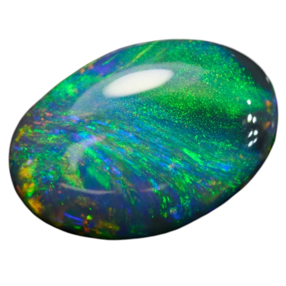 0.86 cts Black Opal Lightning Ridge solid stone with vibrant green and blue hues, oval shape, dimensions 8.0mm x 5.3mm x 3.0mm.