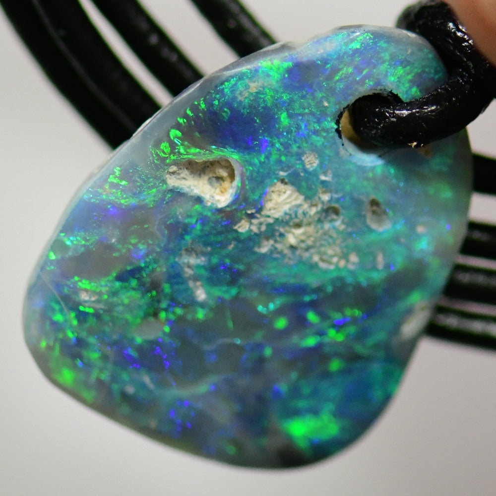 13.80 cts Australian Opal Drilled Greek Leather Mounted Pendant Necklace
