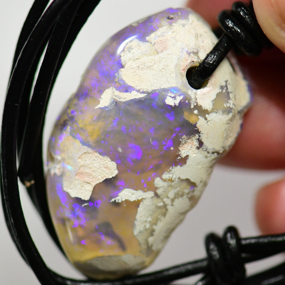 58 cts Australian Opal Drilled Greek Leather Mounted Pendant Necklace