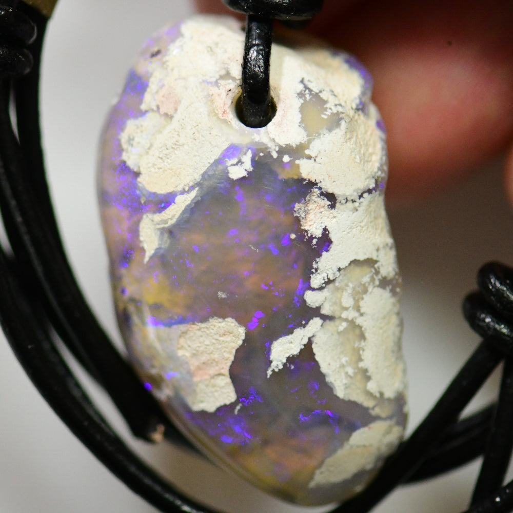 58 cts Australian Opal Drilled Greek Leather Mounted Pendant Necklace