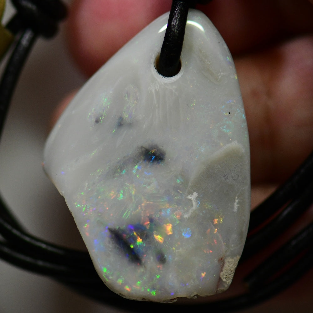 20 cts Australian Opal Drilled Greek Leather Mounted Pendant Necklace