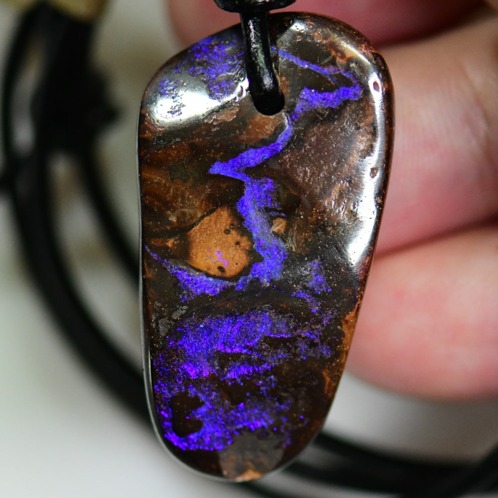 51.70 cts Australian Opal Boulder Drilled Greek Leather Mounted Pendant Necklace
