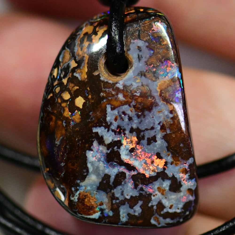 31 cts Australian Opal Boulder Drilled Greek Leather Mounted Pendant Necklace