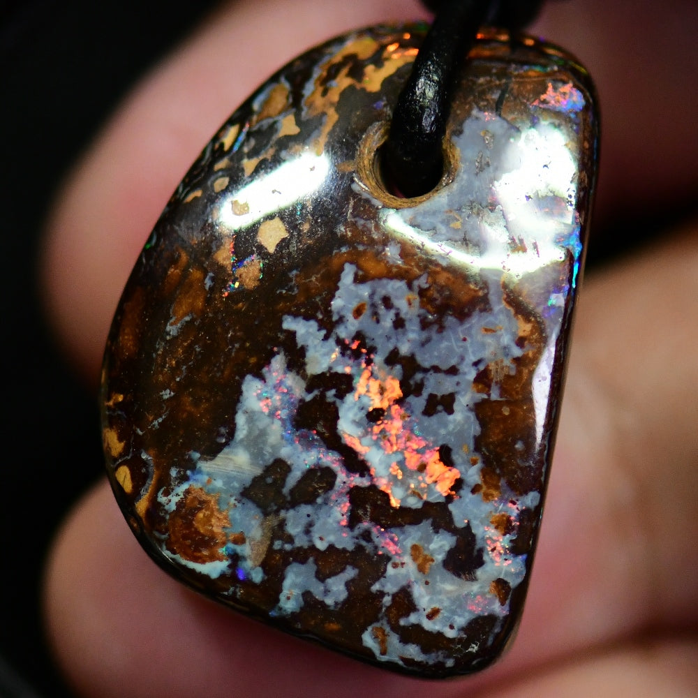31 cts Australian Opal Boulder Drilled Greek Leather Mounted Pendant Necklace