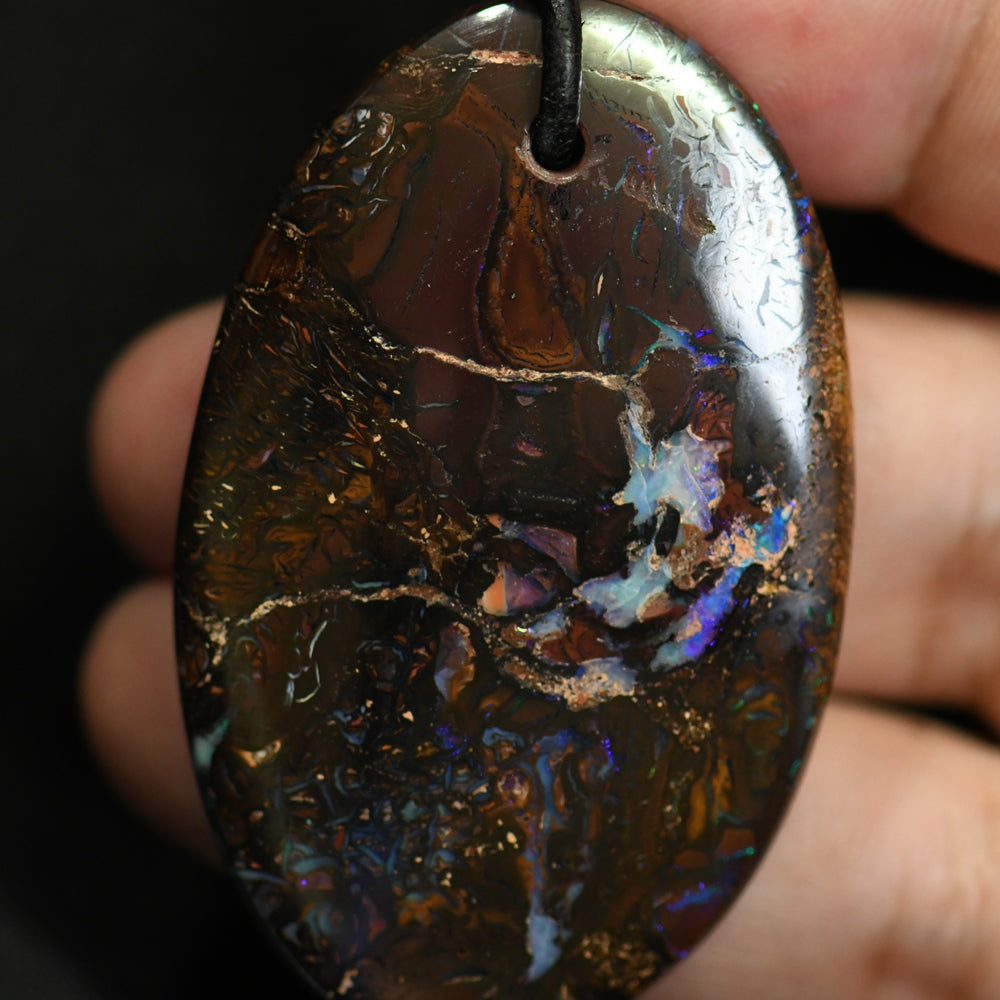 144 cts Australian Opal Boulder Drilled Greek Leather Mounted Pendant Necklace