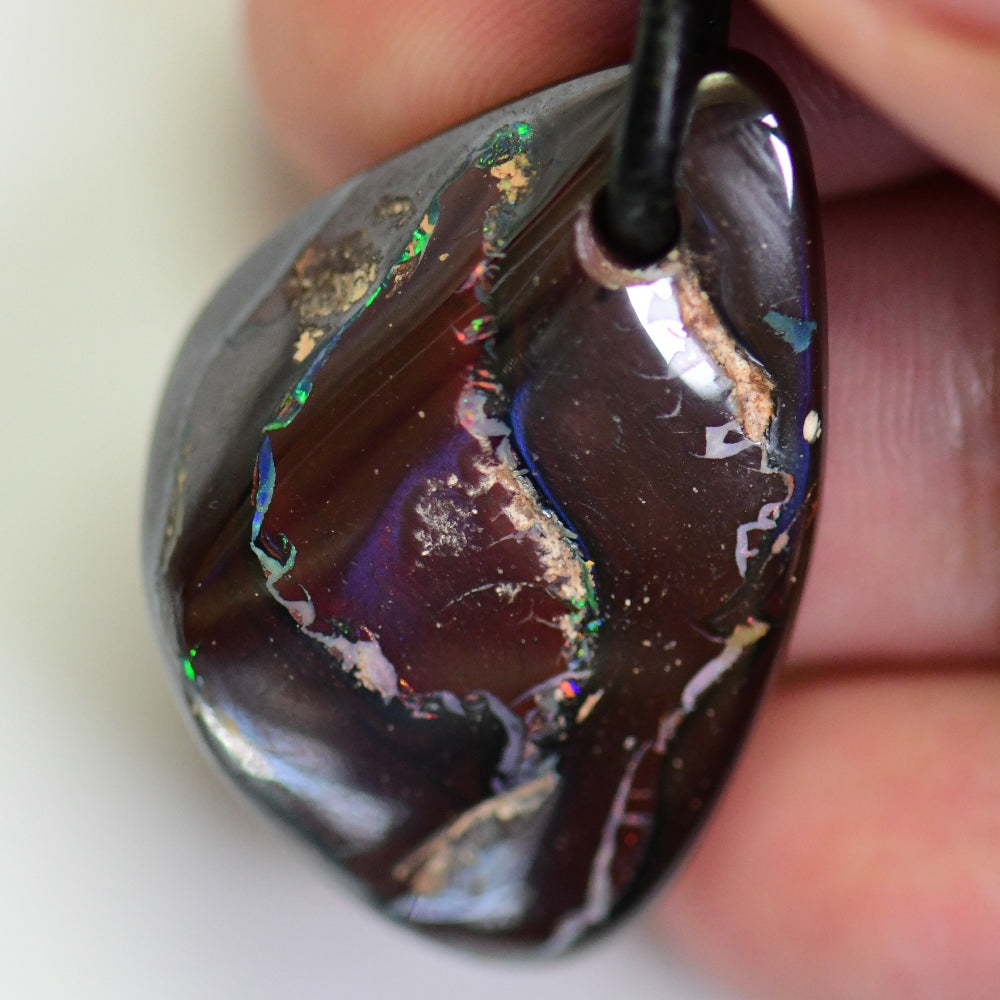 52 cts Australian Opal Boulder Drilled Greek Leather Mounted Pendant Necklace