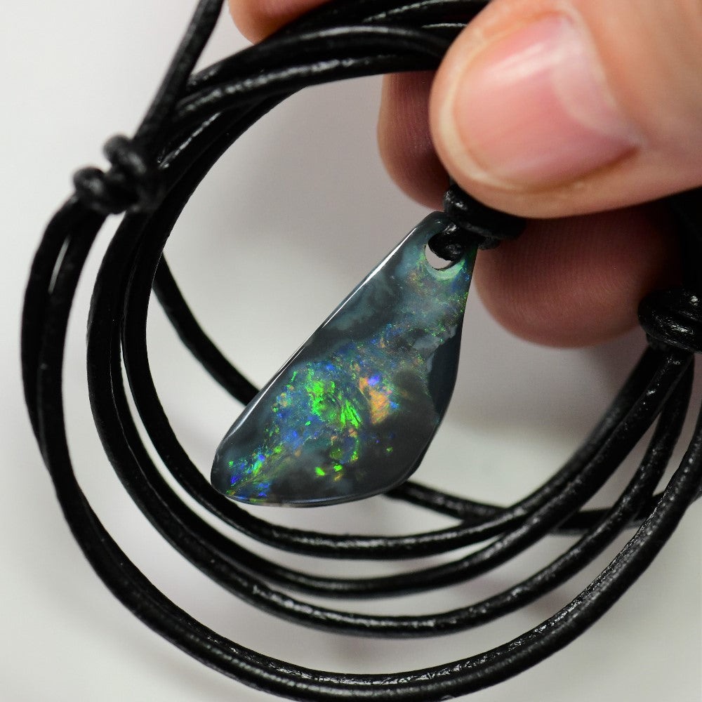 15.90 cts Australian Opal Drilled Greek Leather Mounted Pendant Necklace