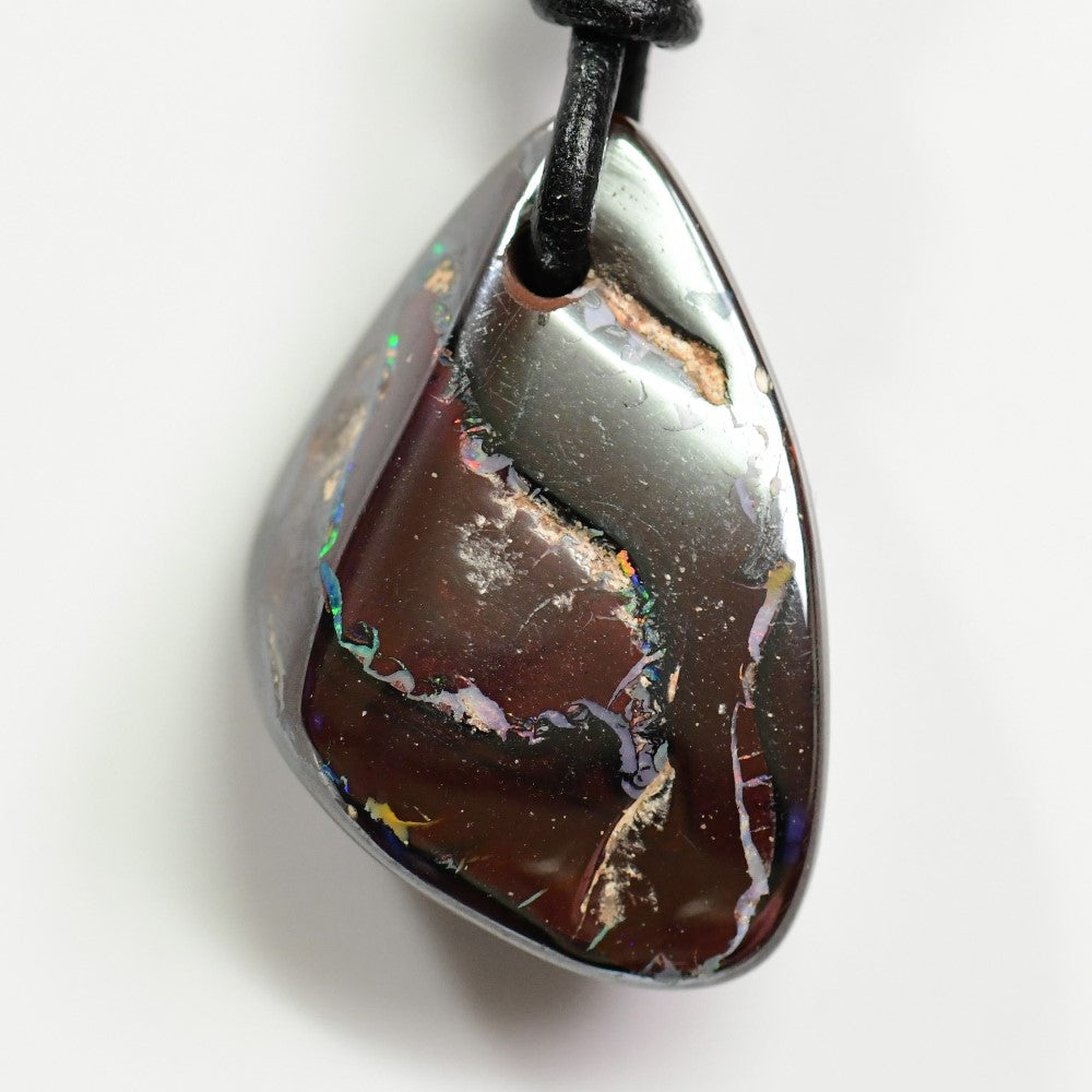 52 cts Australian Opal Boulder Drilled Greek Leather Mounted Pendant Necklace