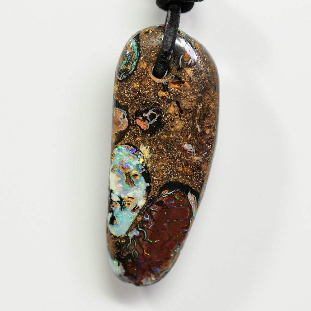 44 cts Australian Opal Boulder Drilled Greek Leather Mounted Pendant Necklace