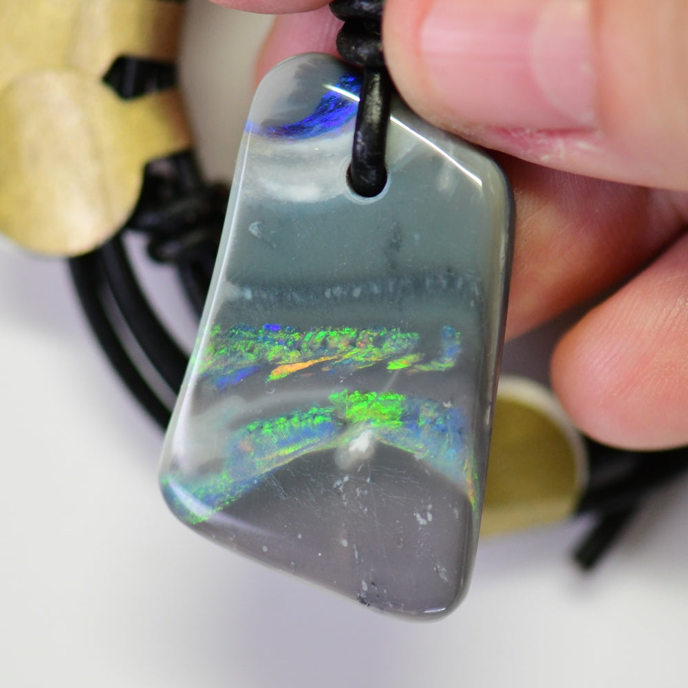 30 cts Australian Opal Drilled Greek Leather Mounted Pendant Necklace
