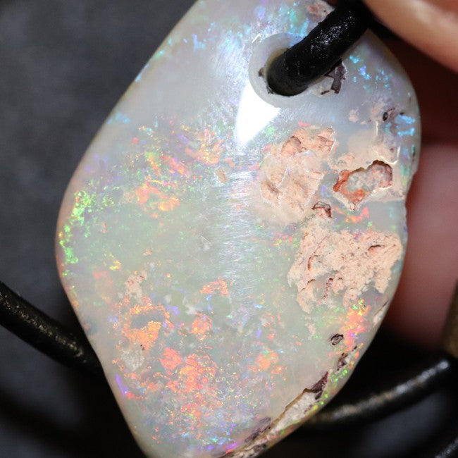 Australian Opal Lightning Ridge Drilled Greek Leather Mounted Pendant Necklace 7.45 cts