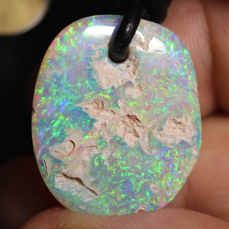Australian Opal Lightning Ridge Drilled Greek Leather Pendant Necklace 14.09cts